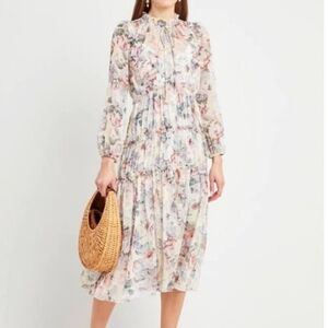 ♧ O.P.T. Felicity Dress Sheer Floral Tiered Tie Neck Ballon Sleeves Size XS